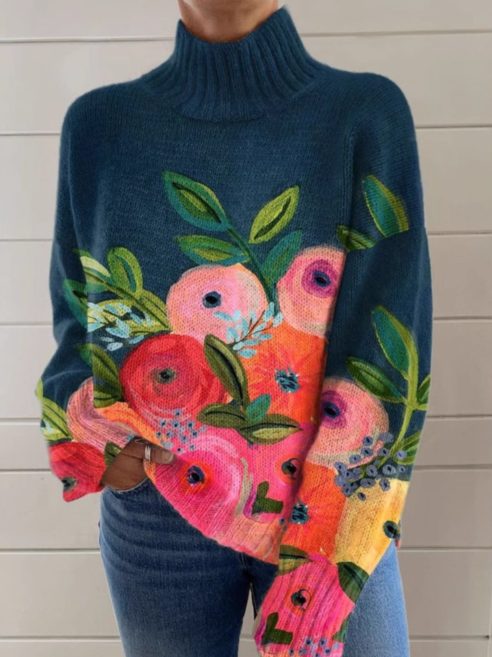 Casual Turtleneck Floral Sweatshirt