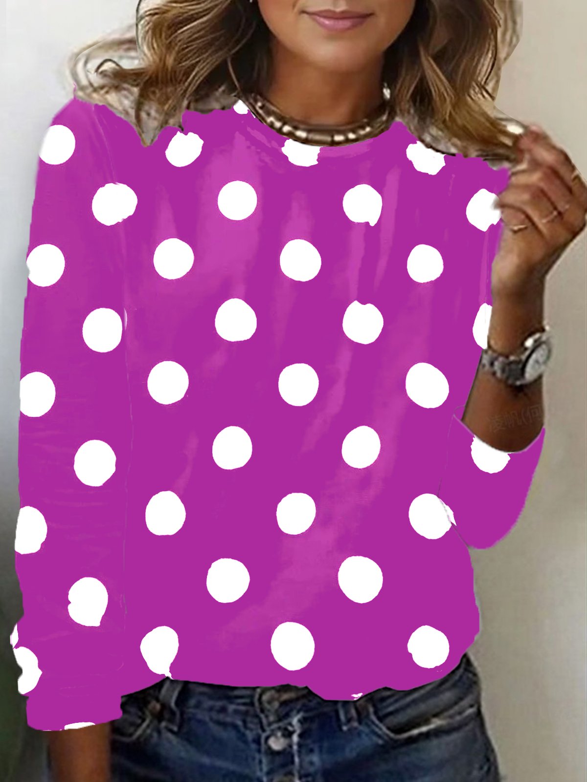 Casual Polka Dots Crew Neck Long Sleeve T-shirt