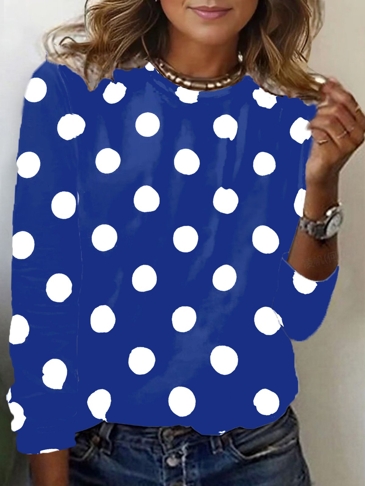 Casual Polka Dots Crew Neck Long Sleeve T-shirt