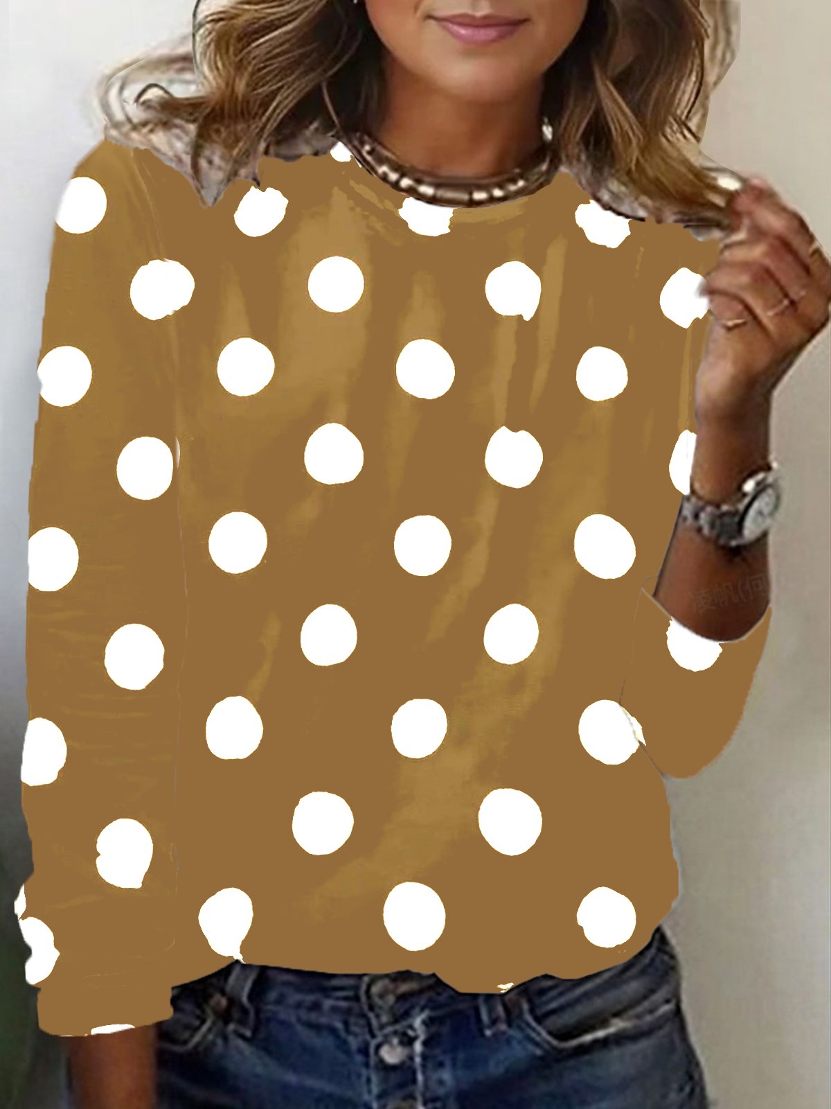 Casual Polka Dots Crew Neck Long Sleeve T-shirt