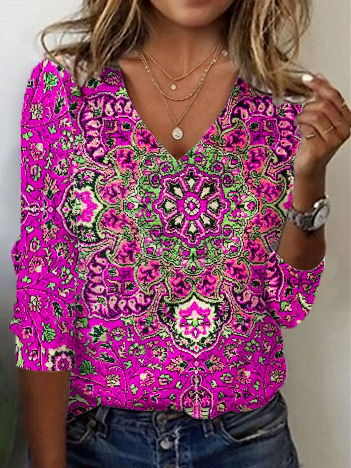 Casual Ethnic V Neck Long Sleeve T-shirt