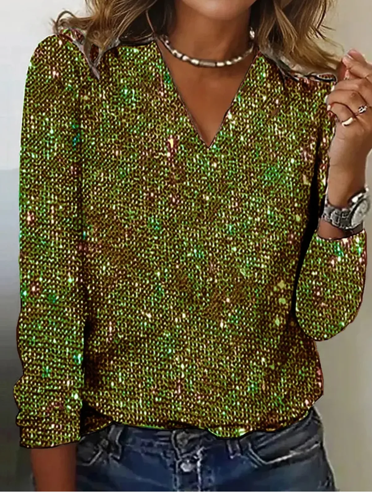 Casual Holiday Sequin Pattern V Neck Long Sleeve T-shirt