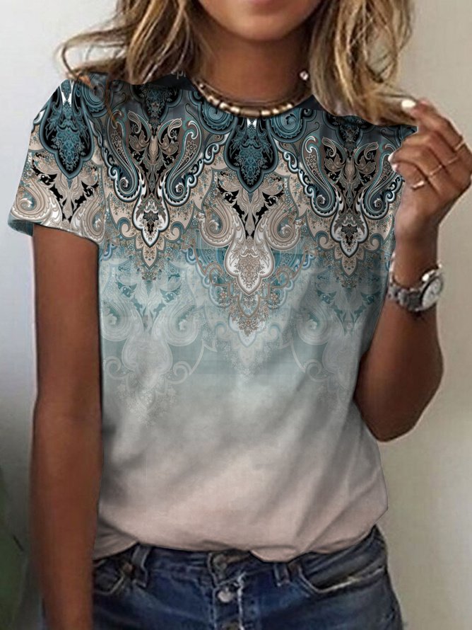 Casual Ethnic Crew Neck Short Sleeve T-shirt