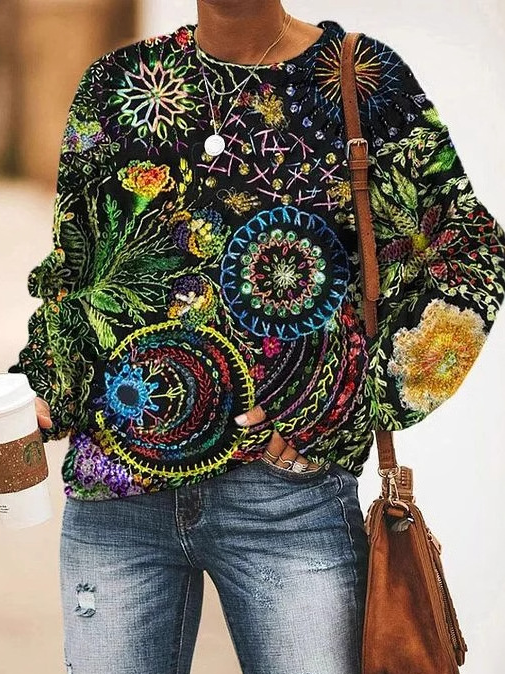 Casual Crew Neck Ethnic Sweatshirt