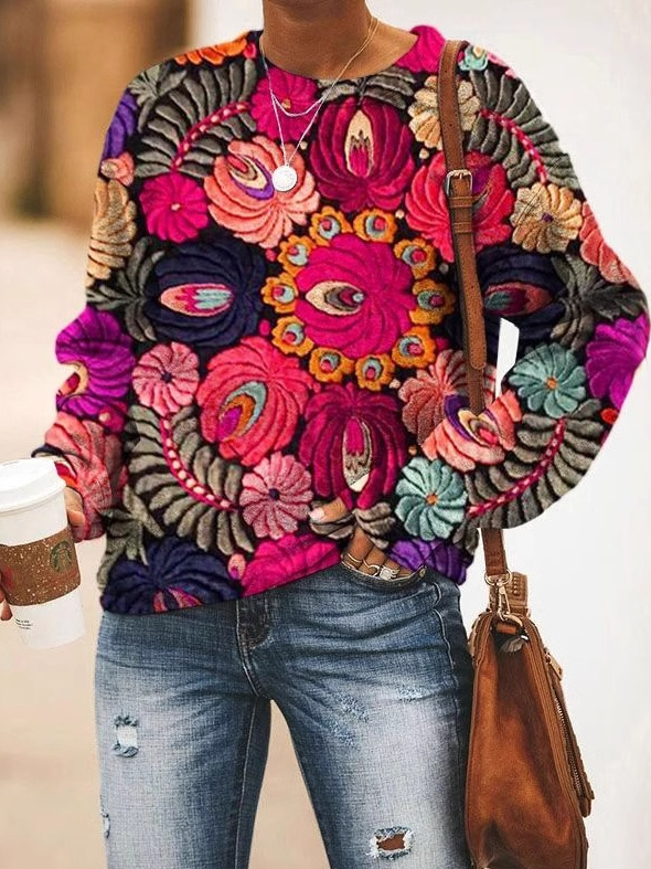 Casual Crew Neck Ethnic Sweatshirt