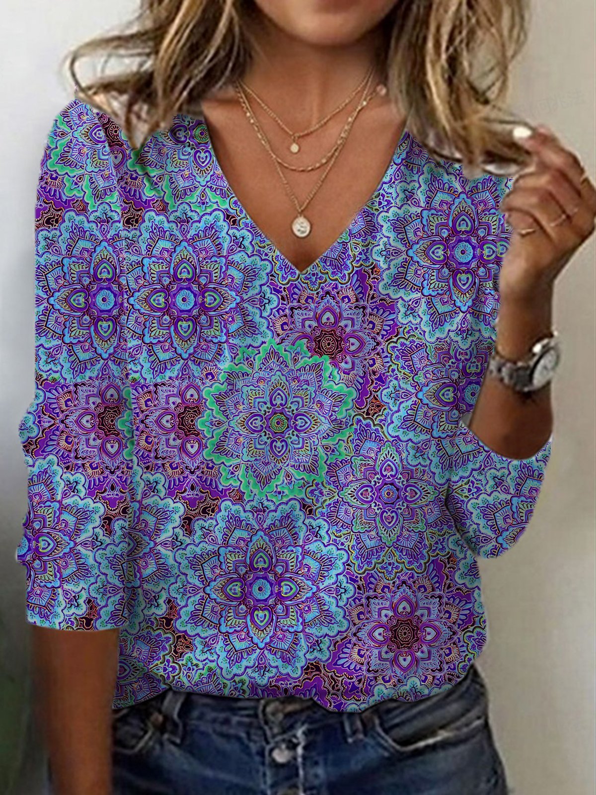 Casual Ethnic V Neck Long Sleeve T-shirt