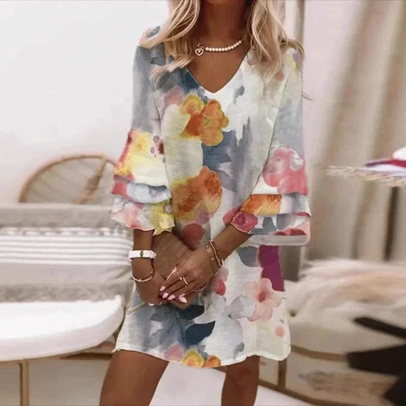 Women Floral V Neck Three Quarter Sleeve Comfy Casual Mini Dress