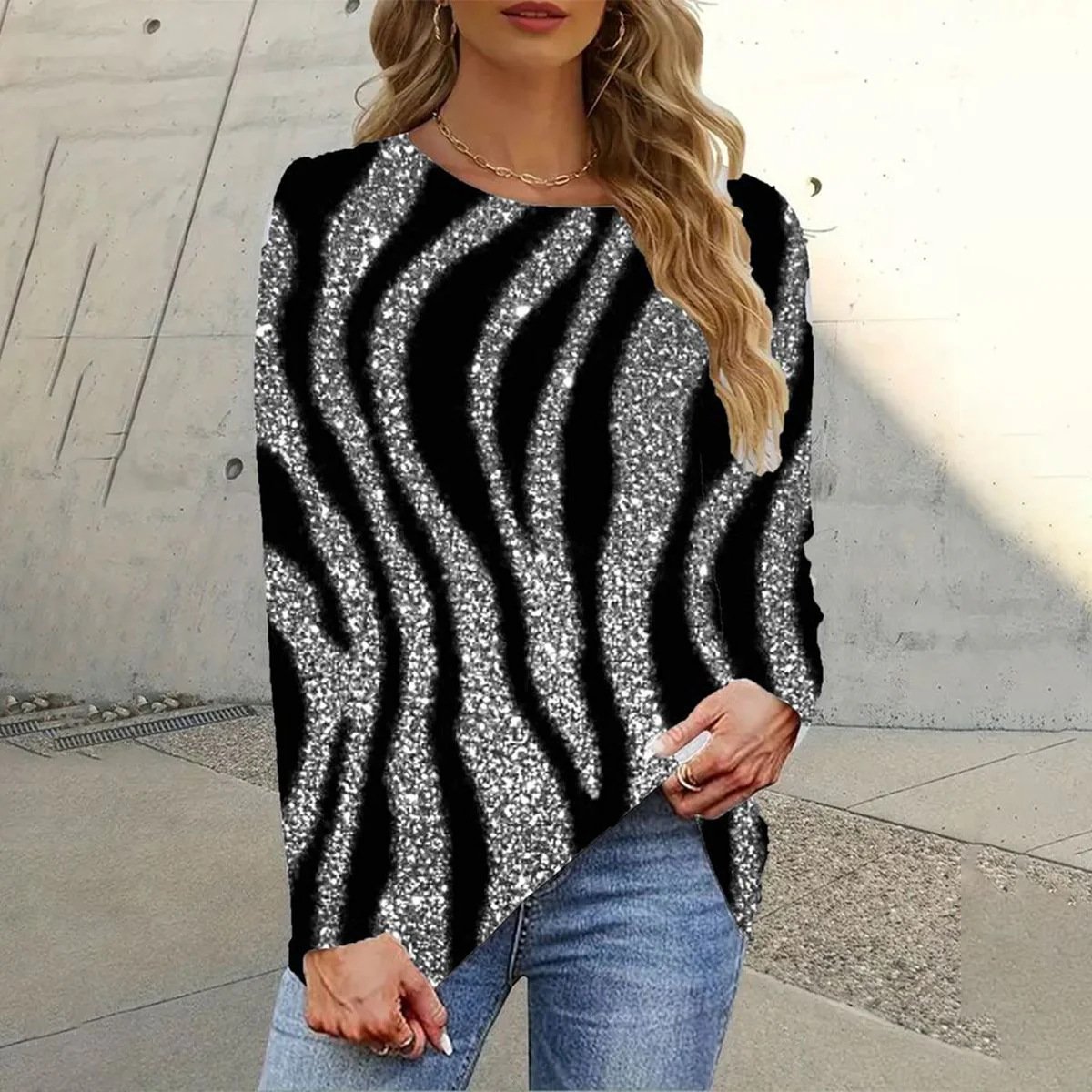 Casual Geometric Crew Neck Long Sleeve T-shirt