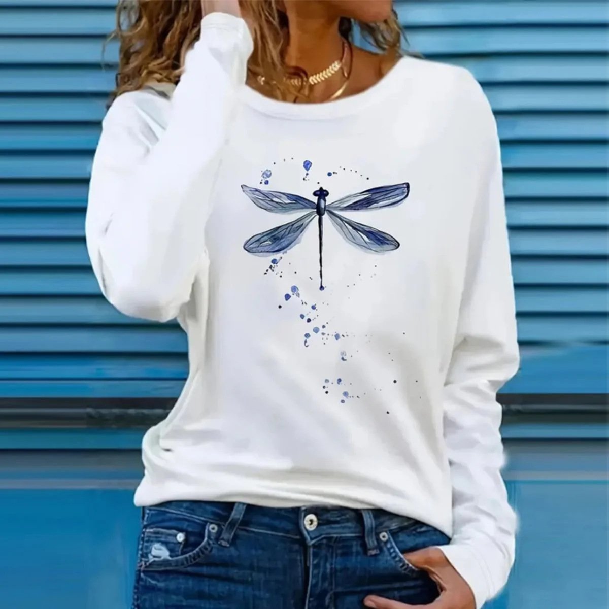 Casual Dragonfly Crew Neck Long Sleeve T-shirt