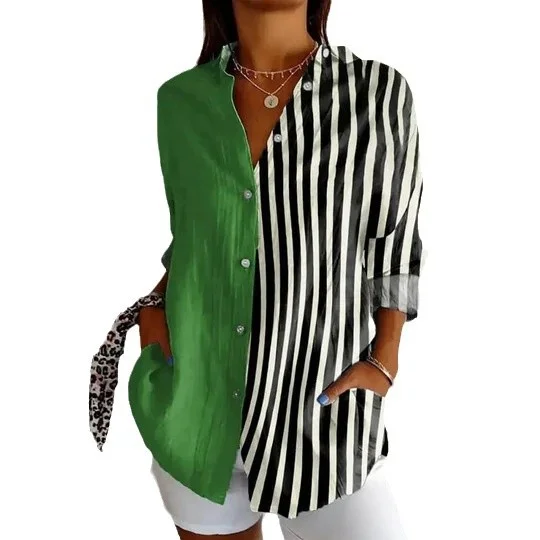 Shirt Collar Long Sleeve Striped Regular Loose Shirt For Women