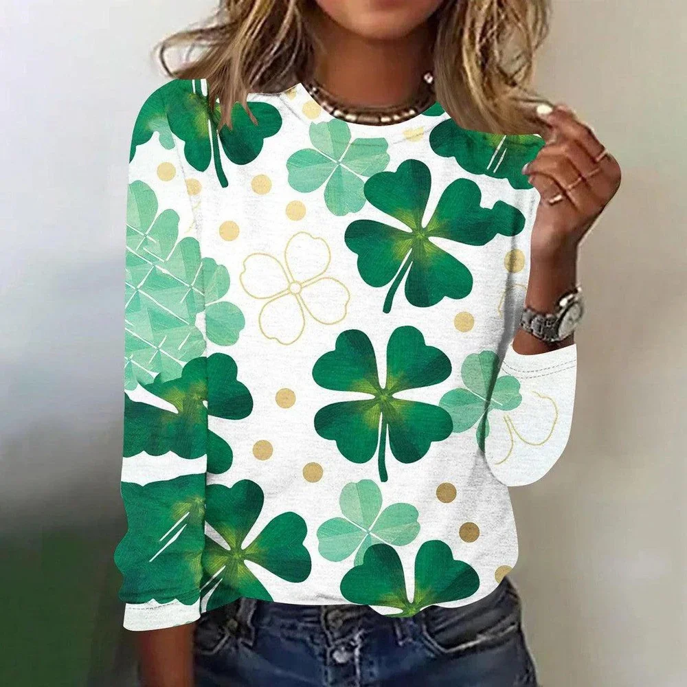 St. Patrick's Day Four-leaf Clover Print Crew Neck Long Sleeve T-shirt