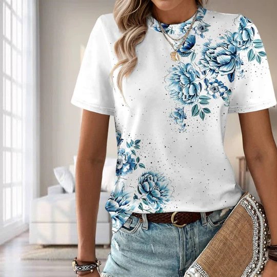 Casual Floral Crew Neck Short Sleeve T-shirt