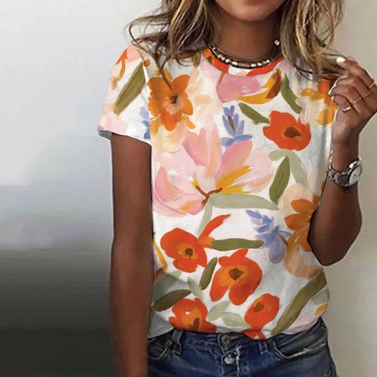 Casual Floral Crew Neck Short Sleeve T-shirt