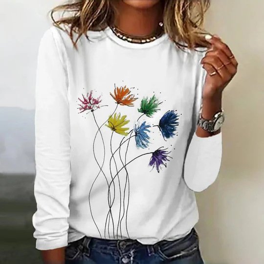 Casual Floral Crew Neck Long Sleeve T-shirt