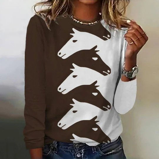 Casual Horse Print Crew Neck Long Sleeve T-shirt