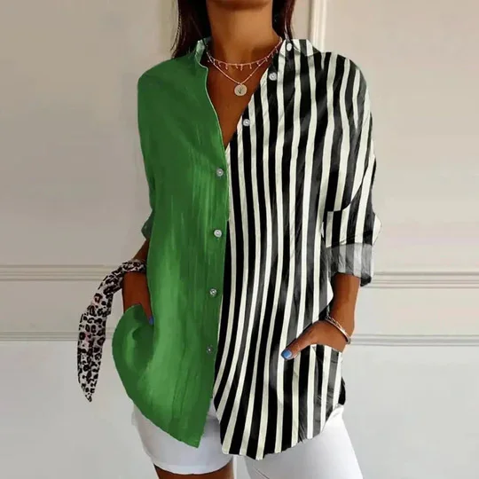 Shirt Collar Long Sleeve Striped Regular Loose Shirt For Women