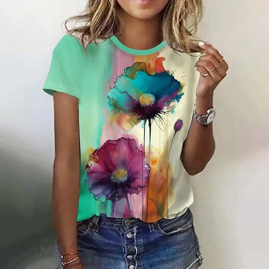 Casual Floral Crew Neck Short Sleeve T-shirt