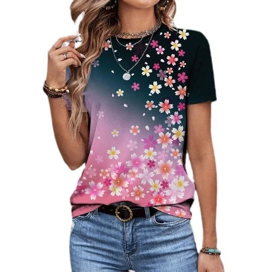 Casual Floral Crew Neck Short Sleeve T-shirt