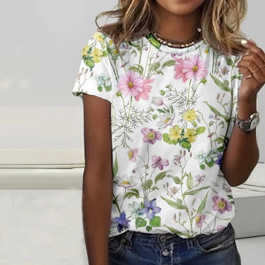 Casual Floral Crew Neck Short Sleeve T-shirt