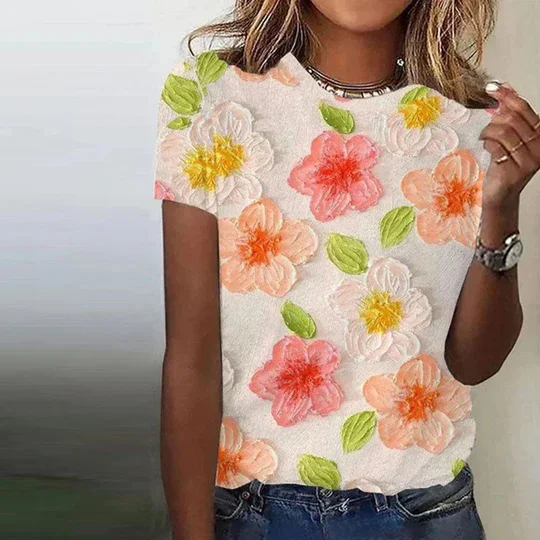 Casual Floral Crew Neck Short Sleeve T-shirt