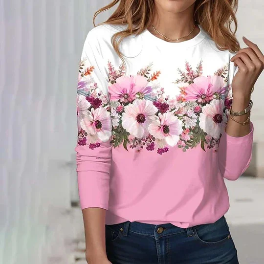 Casual Floral Crew Neck Long Sleeve T-shirt