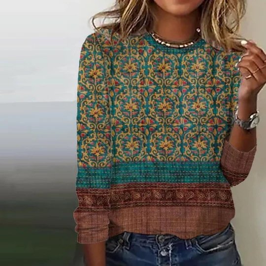 Casual Ethnic Crew Neck Long Sleeve T-shirt