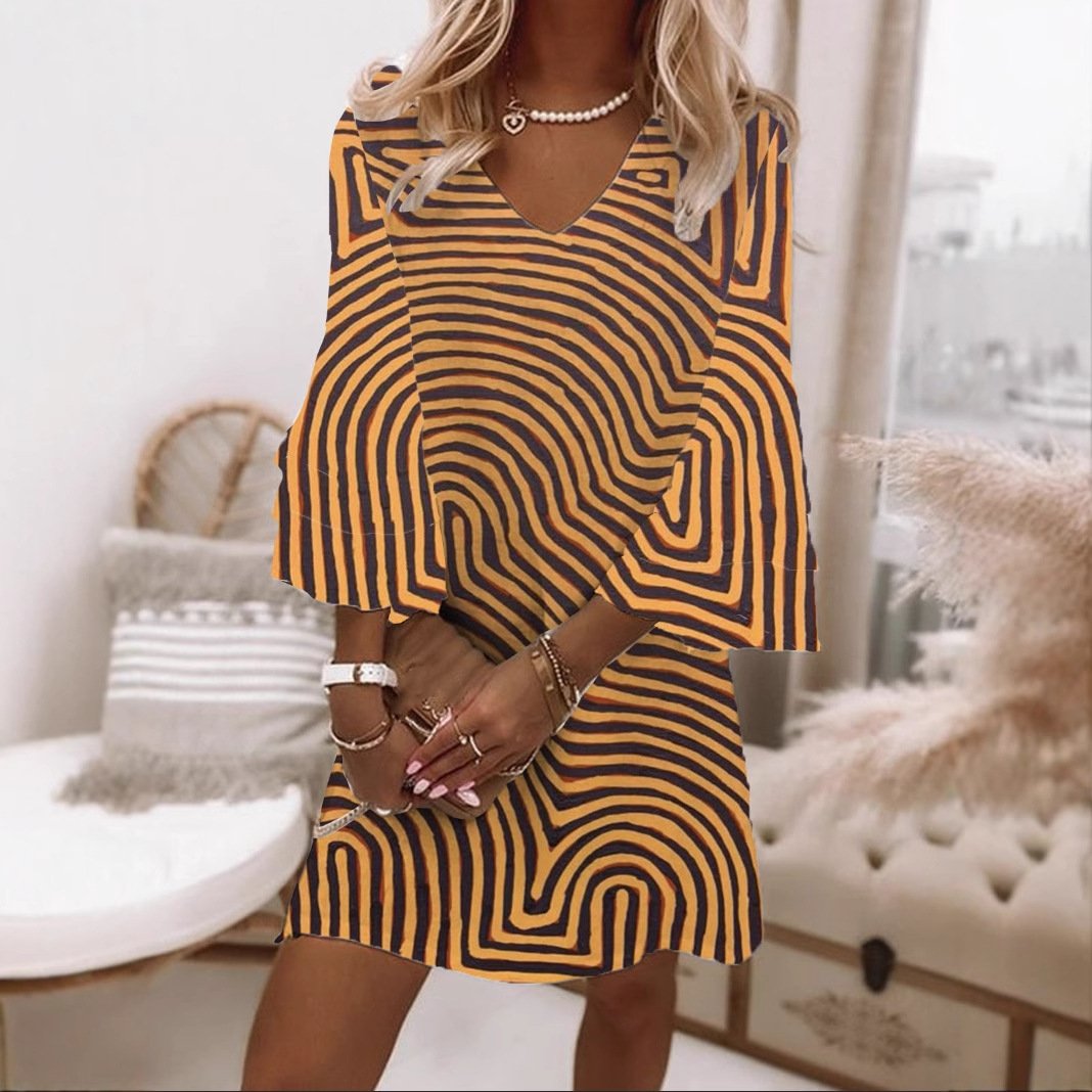 Women Geometric V Neck Three Quarter Sleeve Comfy Casual Mini Dress