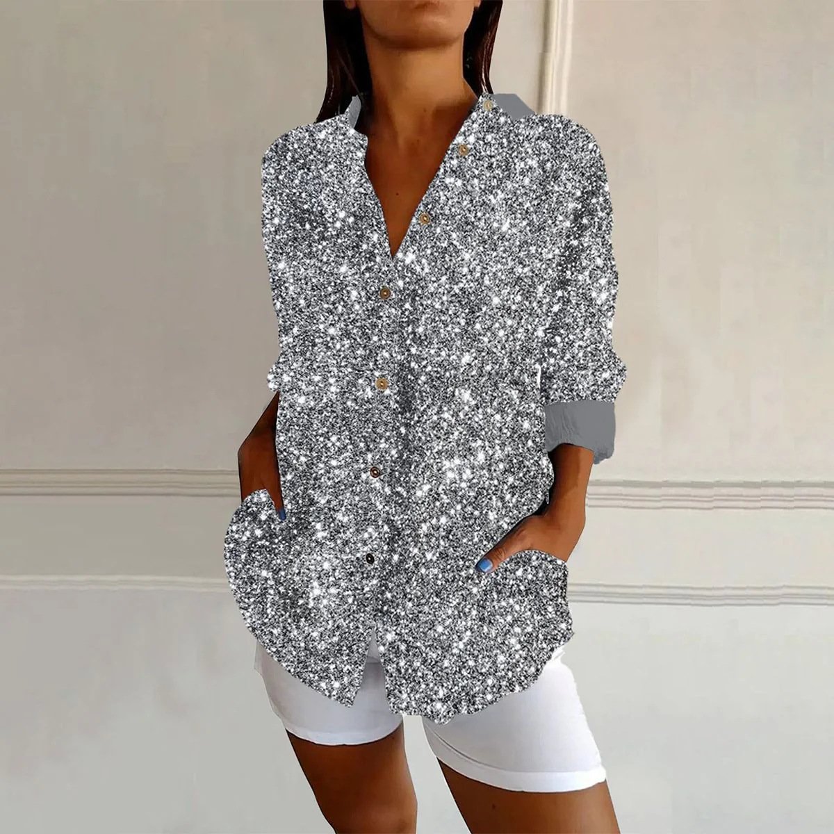 Holiday Sequins Pattern Shirt Collar Long Sleeve Abstract Regular Loose Shirt For Women