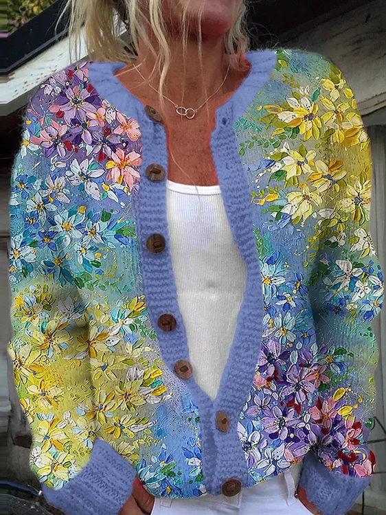 Women Knitted 3D Printing Long Sleeve Comfy Casual Cardigan