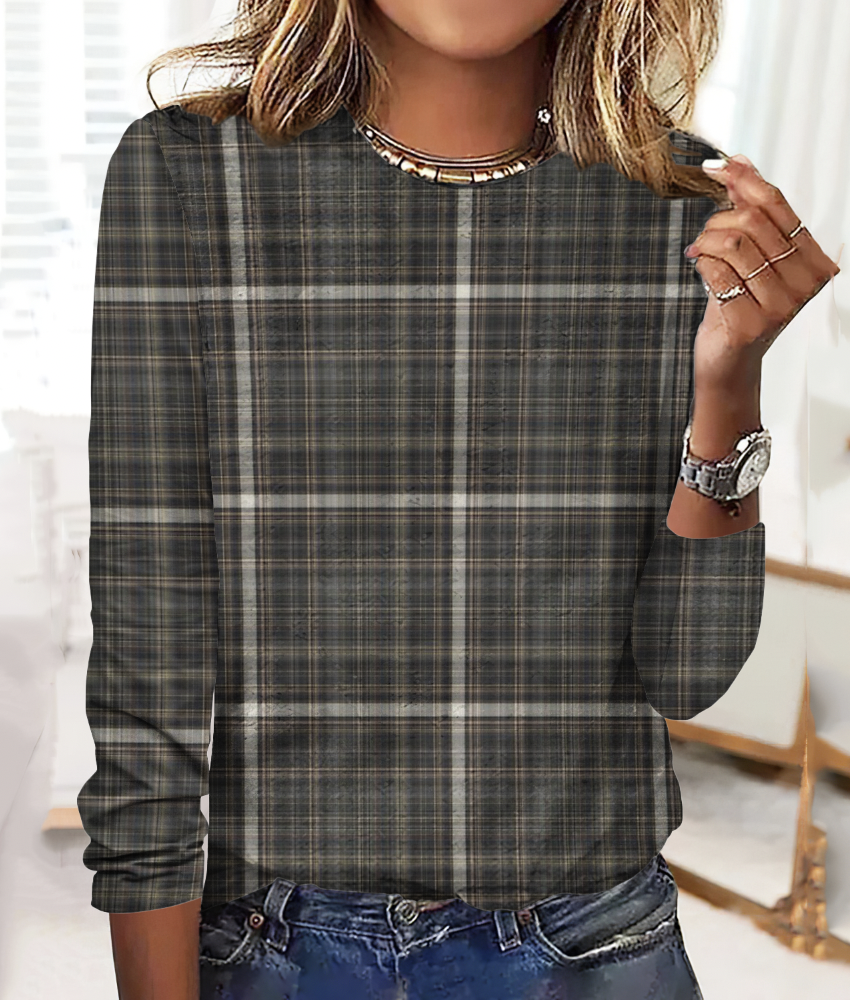 Vintage Plaid Crew Neck Long Sleeve T-shirt