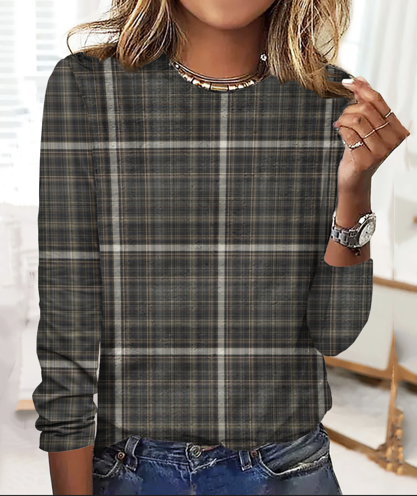 Vintage Plaid Crew Neck Long Sleeve T-shirt