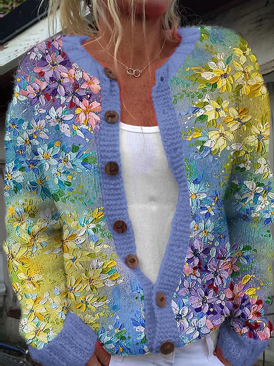 Women Knitted 3D Printing Long Sleeve Comfy Casual Cardigan