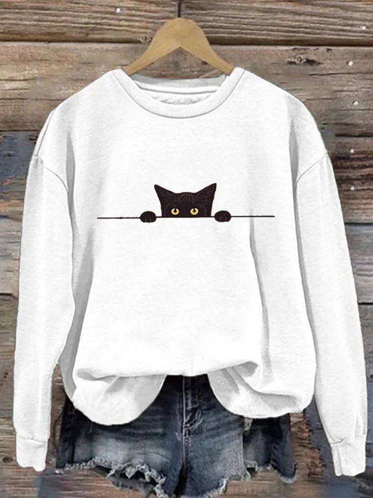 Vintage Crew Neck Cat Printing Sweatshirt