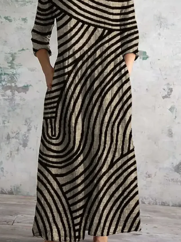 Women Striped V Neck Long Sleeve Comfy Vintage Maxi Dress