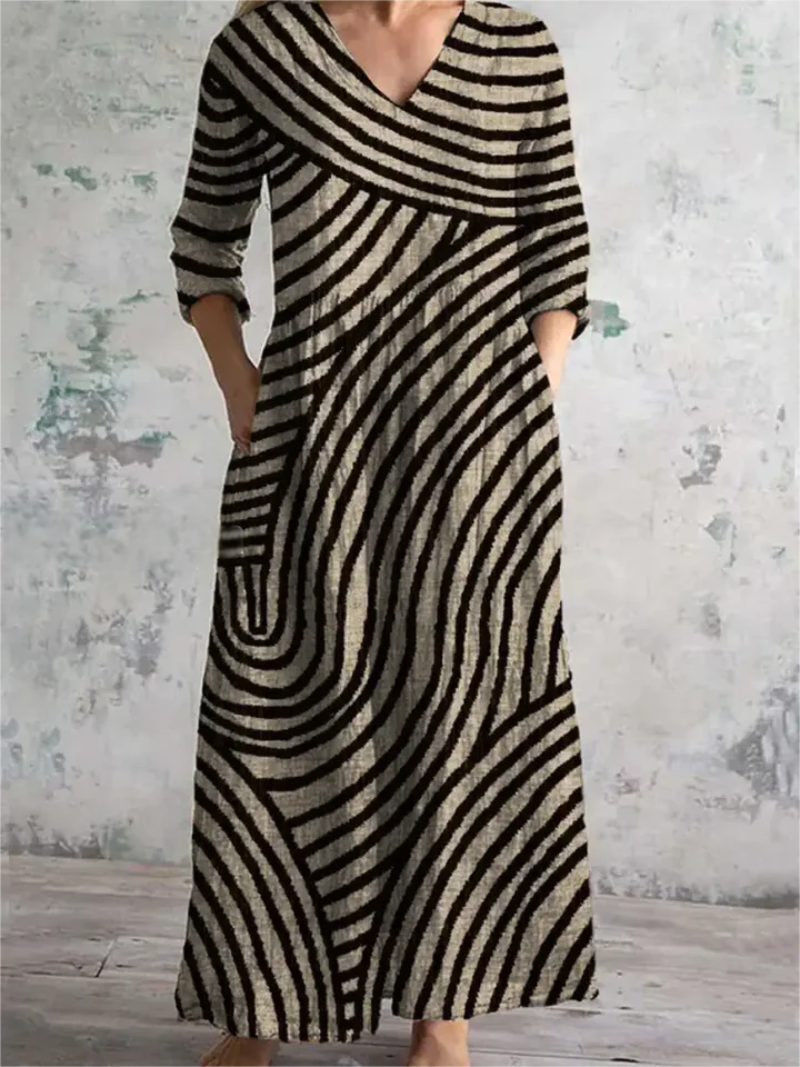 Women Striped V Neck Long Sleeve Comfy Vintage Maxi Dress