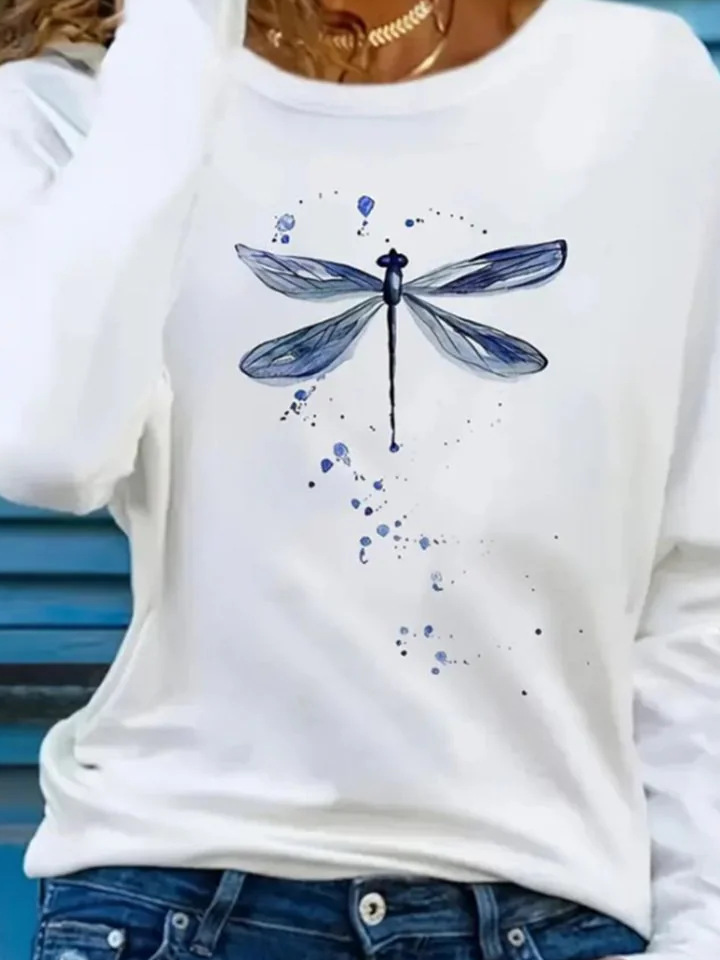 Casual Dragonfly Crew Neck Long Sleeve T-shirt