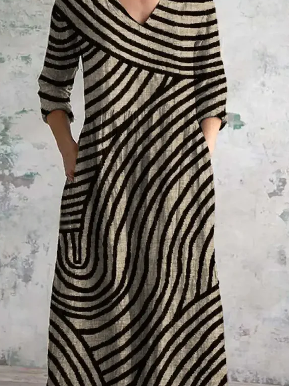 Women Striped V Neck Long Sleeve Comfy Vintage Maxi Dress