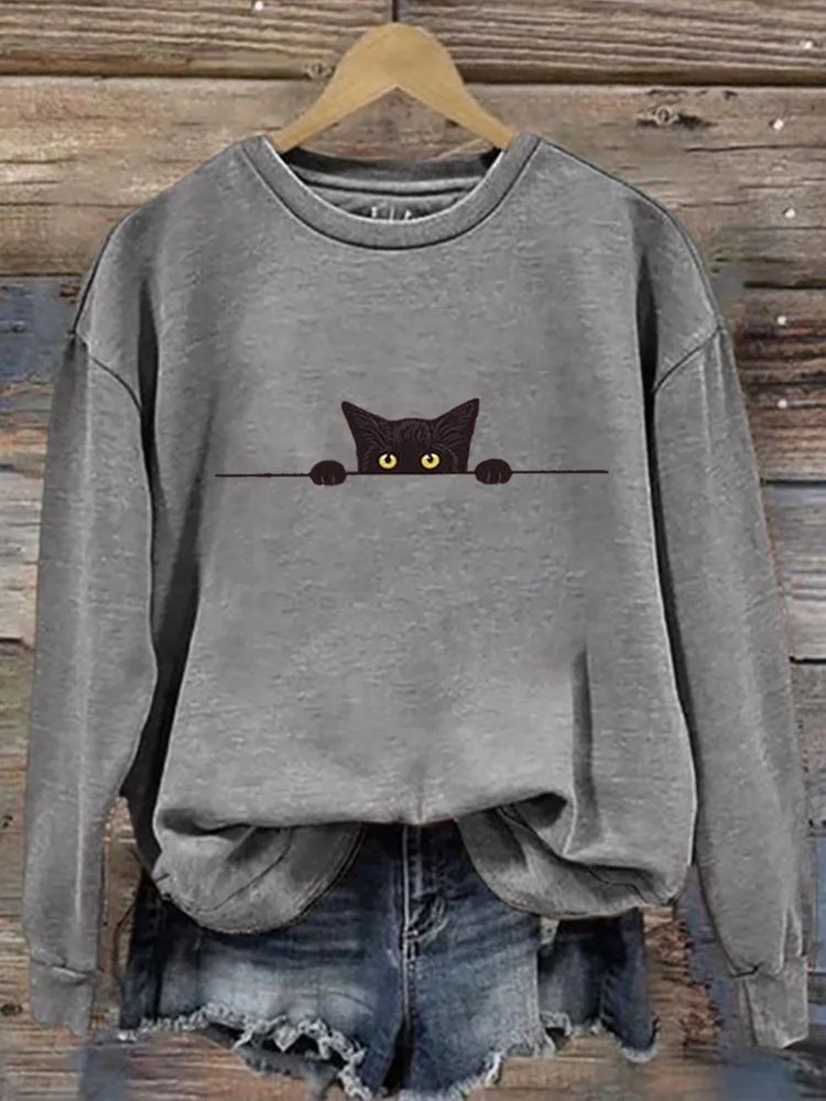 Vintage Crew Neck Cat Printing Sweatshirt