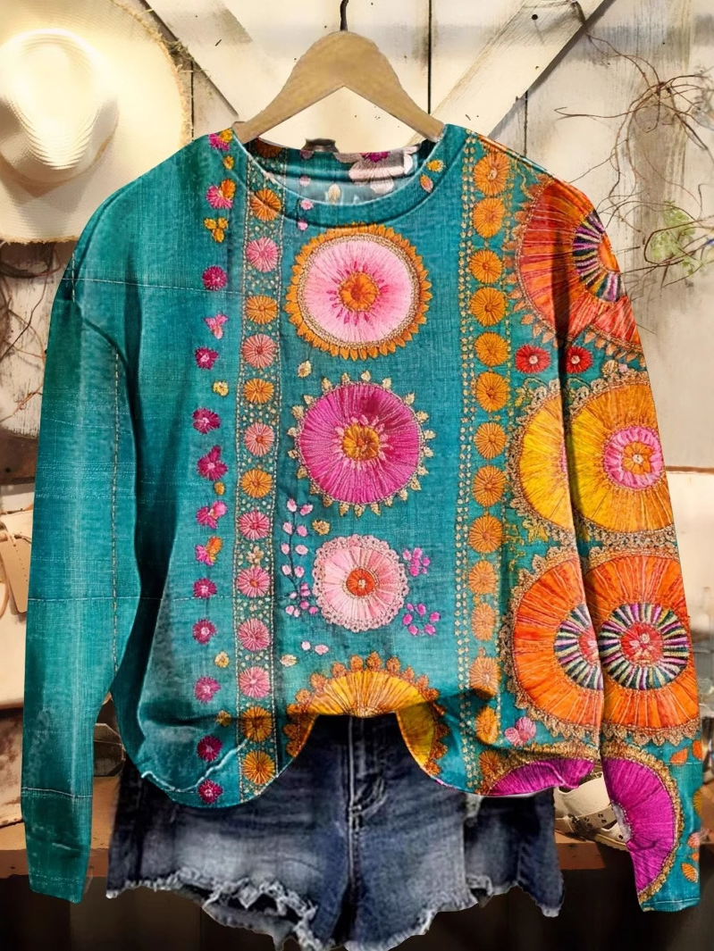 Casual Crew Neck Floral Sweatshirt