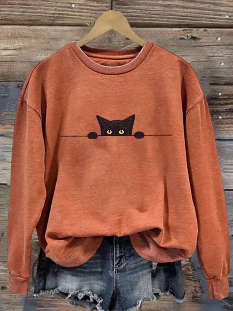 Vintage Crew Neck Cat Printing Sweatshirt