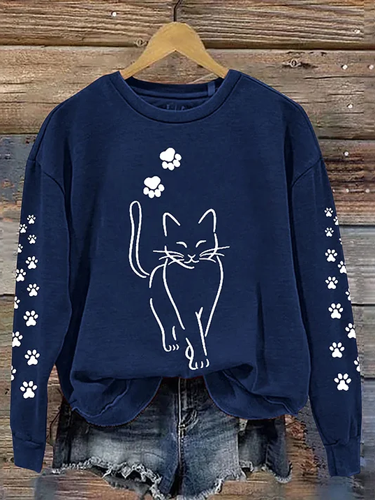 Casual Crew Neck Cut Cat Print Sweatshirt