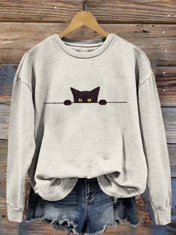 Vintage Crew Neck Cat Printing Sweatshirt