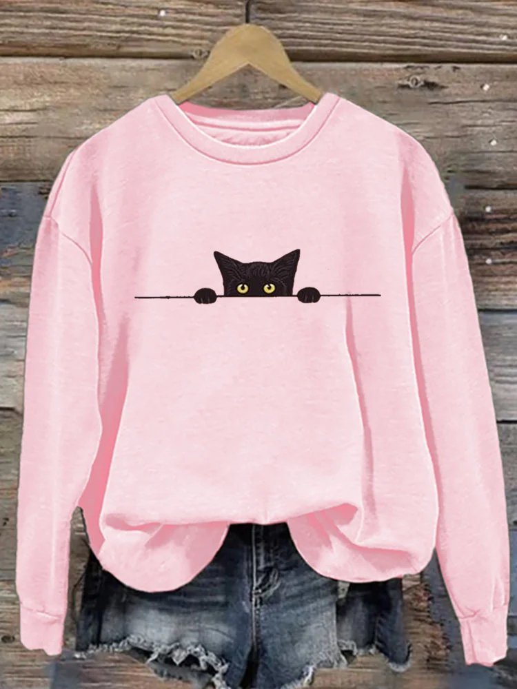 Vintage Crew Neck Cat Printing Sweatshirt