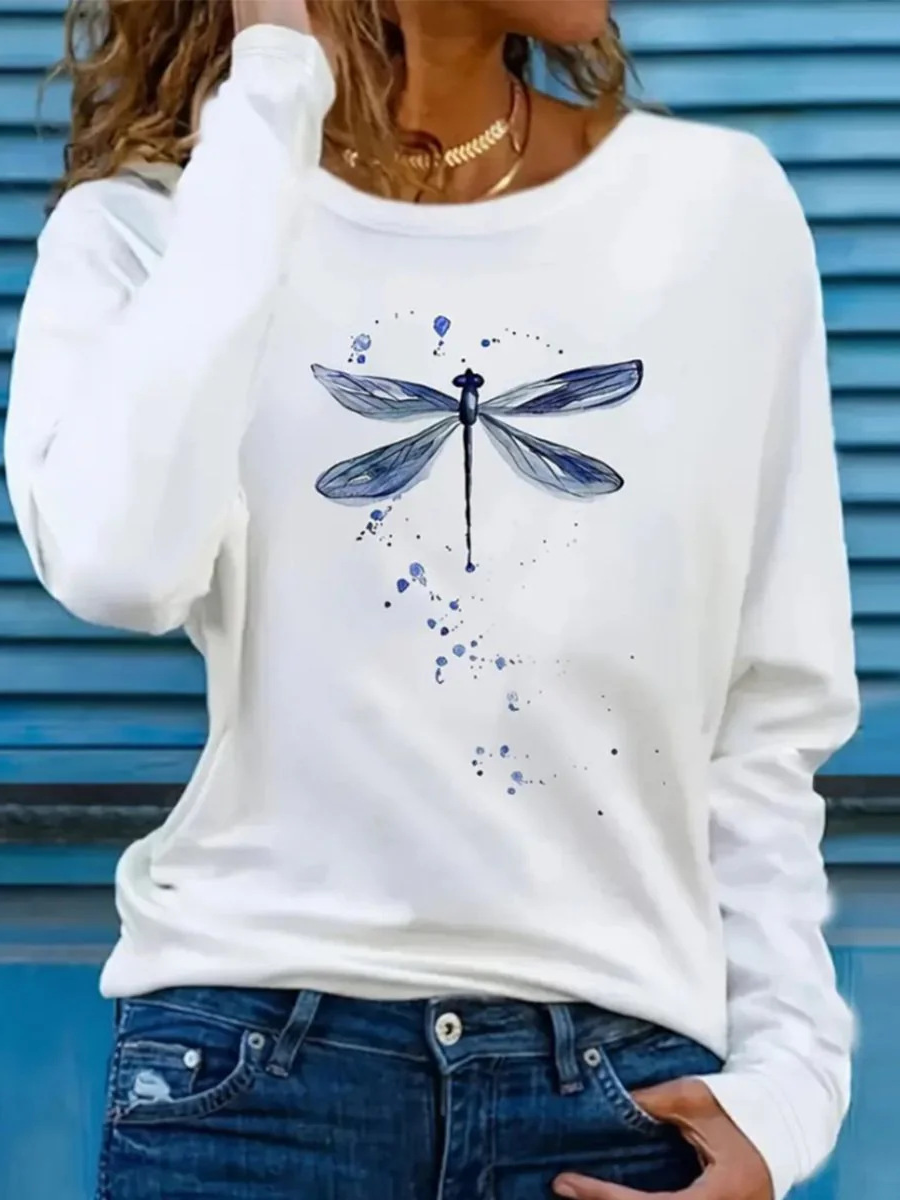 Casual Dragonfly Crew Neck Long Sleeve T-shirt