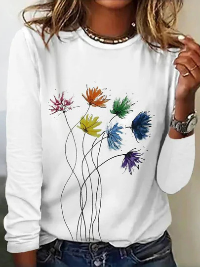 Casual Floral Crew Neck Long Sleeve T-shirt