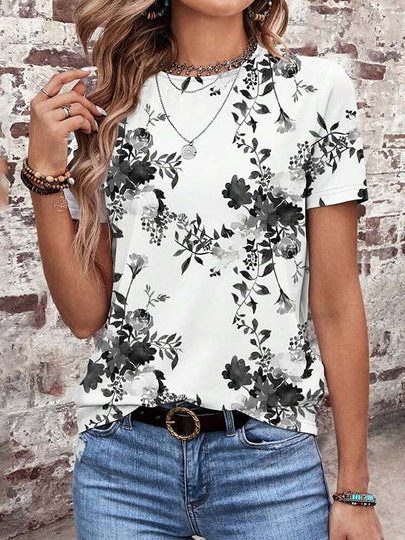 Casual Floral Crew Neck Short Sleeve T-shirt