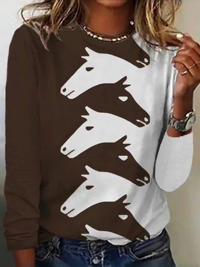 Casual Horse Print Crew Neck Long Sleeve T-shirt