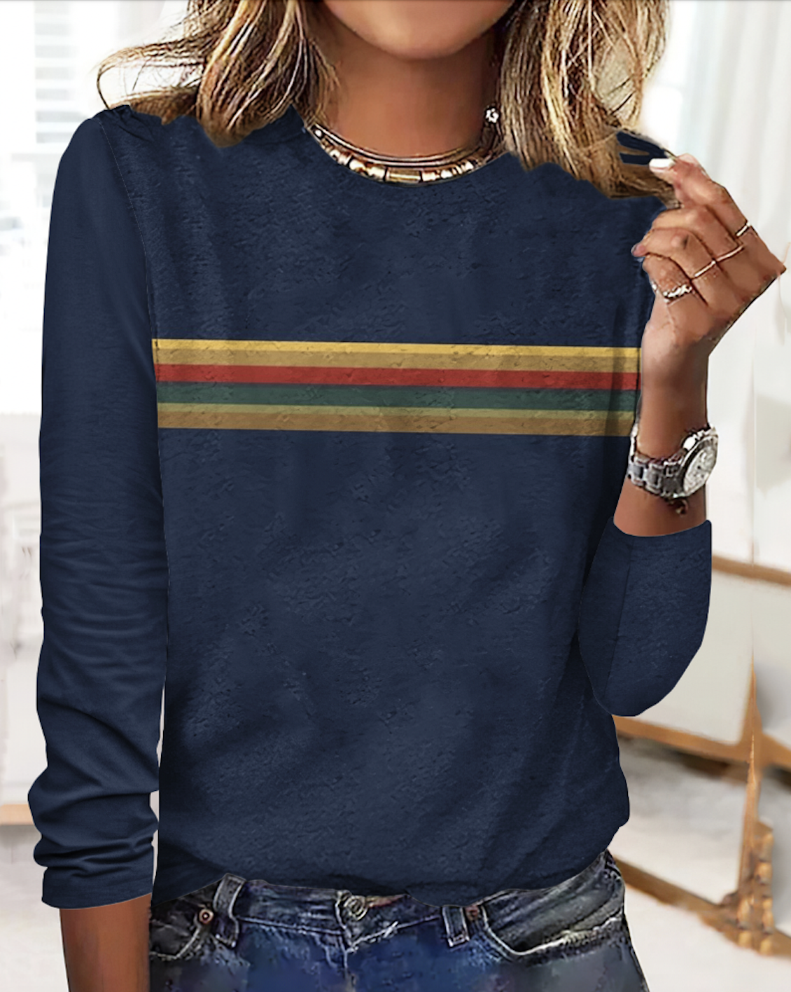 Vintage Plaid Crew Neck Long Sleeve T-shirt