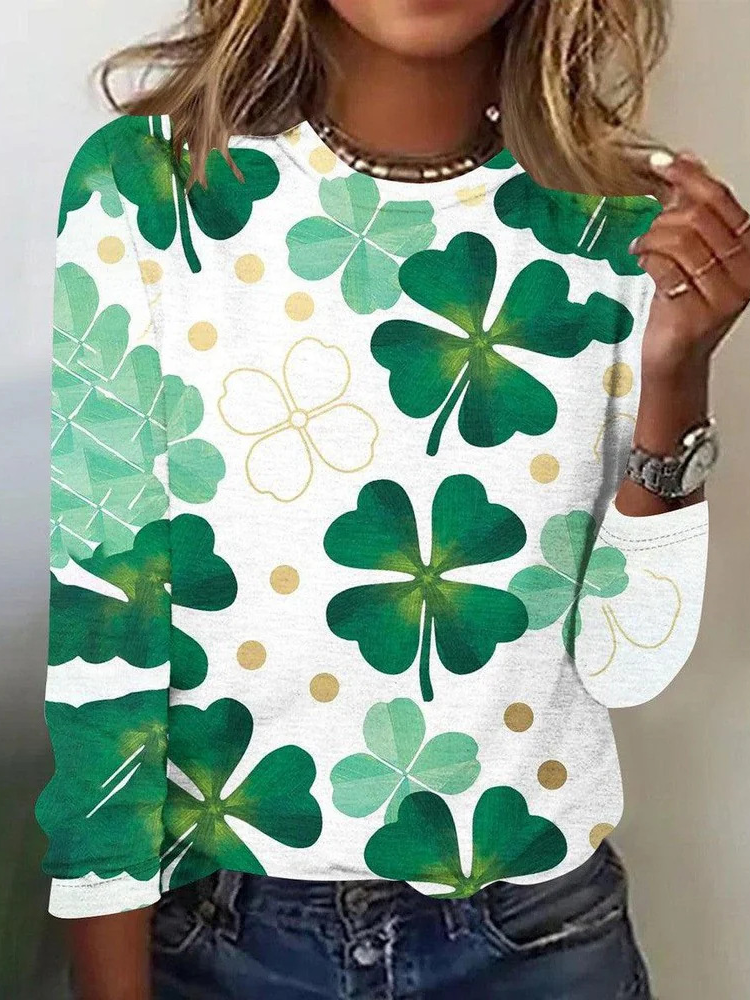 St. Patrick's Day Four-leaf Clover Print Crew Neck Long Sleeve T-shirt