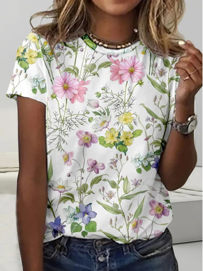 Casual Floral Crew Neck Short Sleeve T-shirt